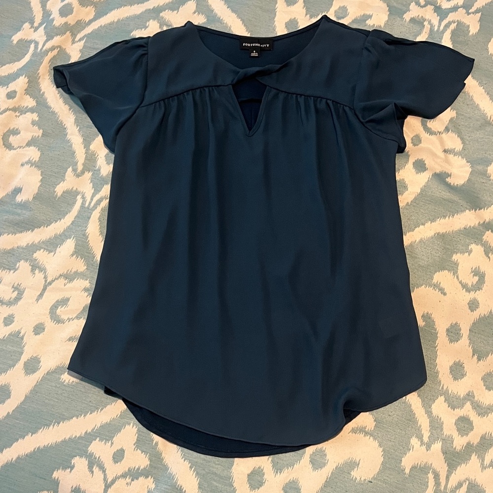 Chic Navy Blouse with Keyhole Neckline